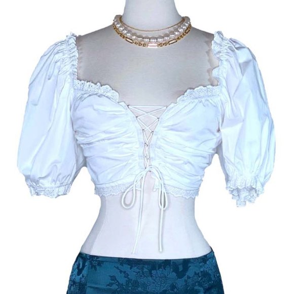 White Front Cross Lacing Square Collar Crop Top - Picture 8 of 8